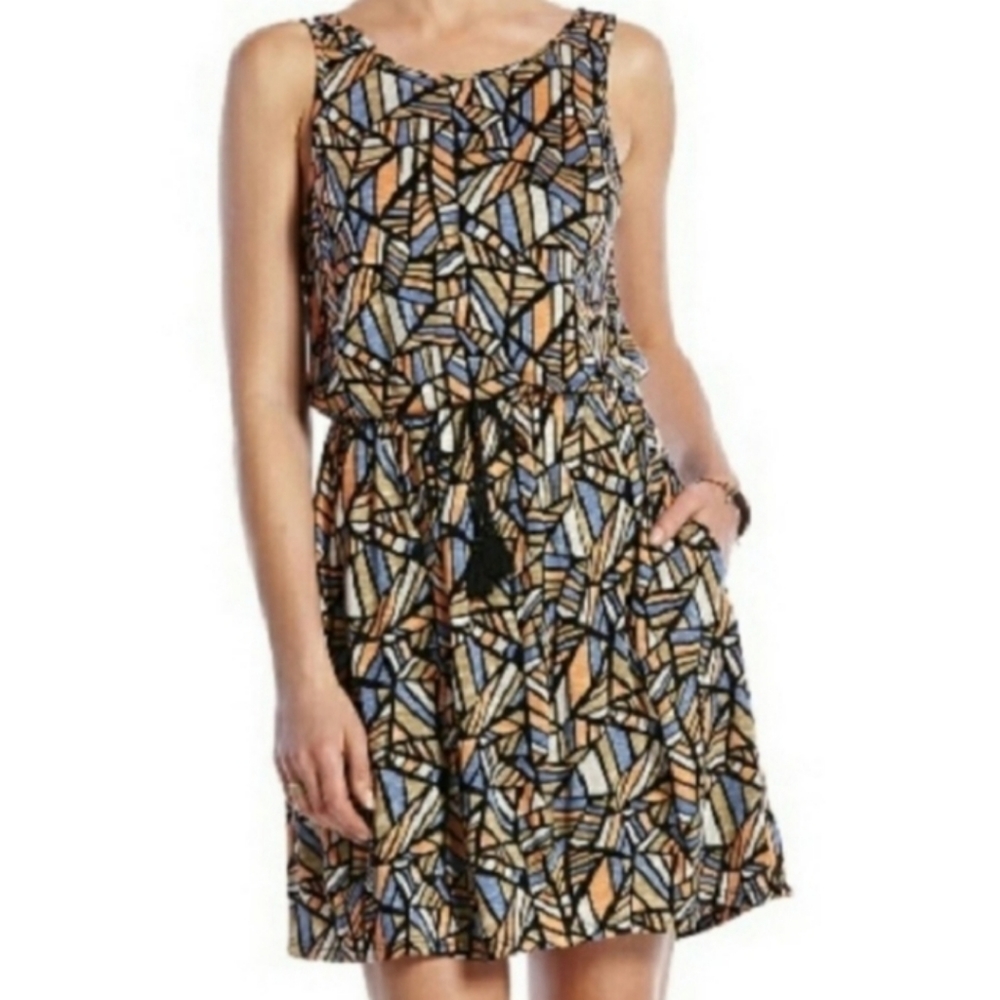 Lucky Brand Tassel Blouson Geometric Print Dress - Picture 1 of 12